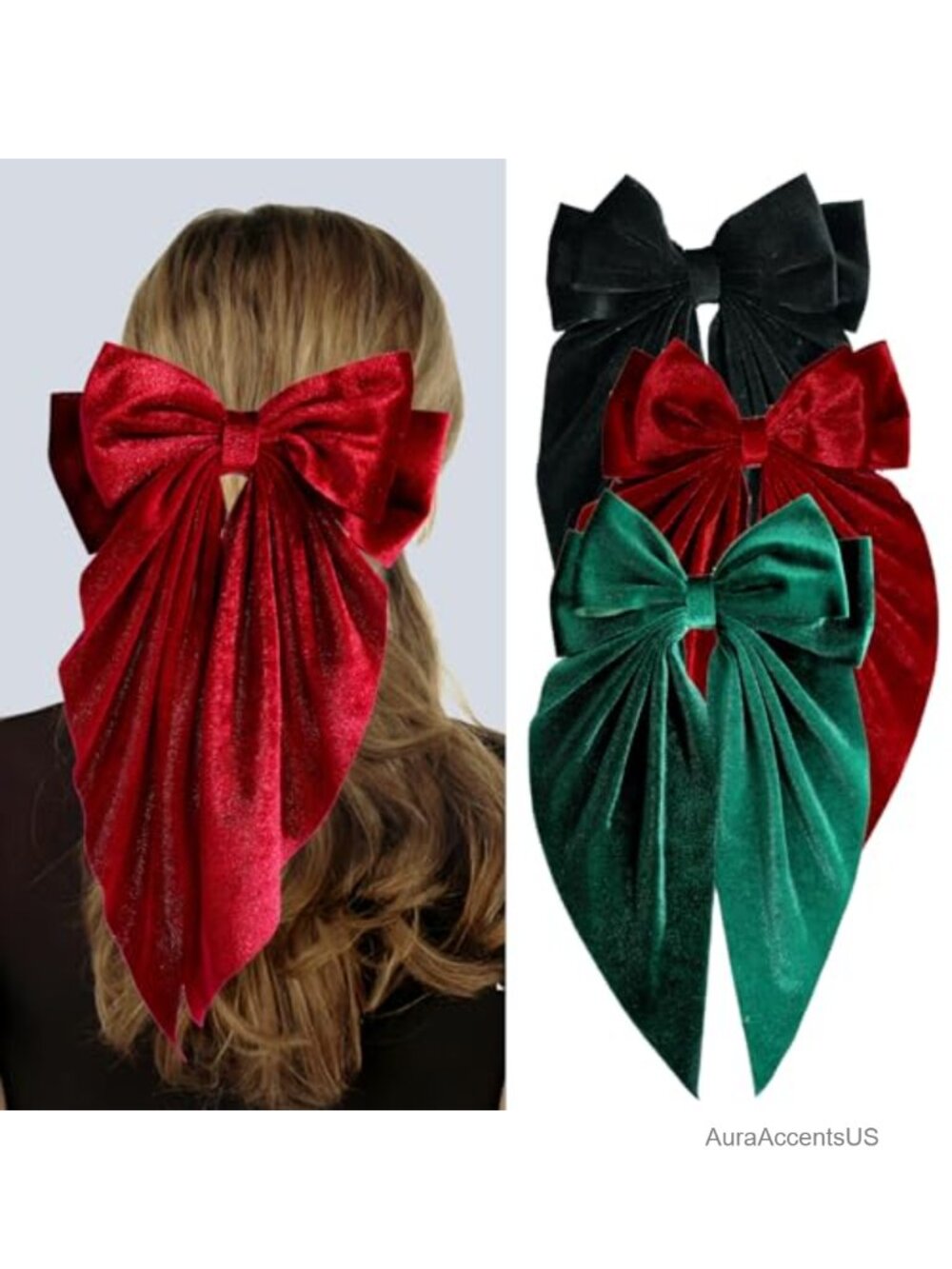 3 PCS Large Velvet Hair Bows Oversized Long Tail with Clips Coquette Hair